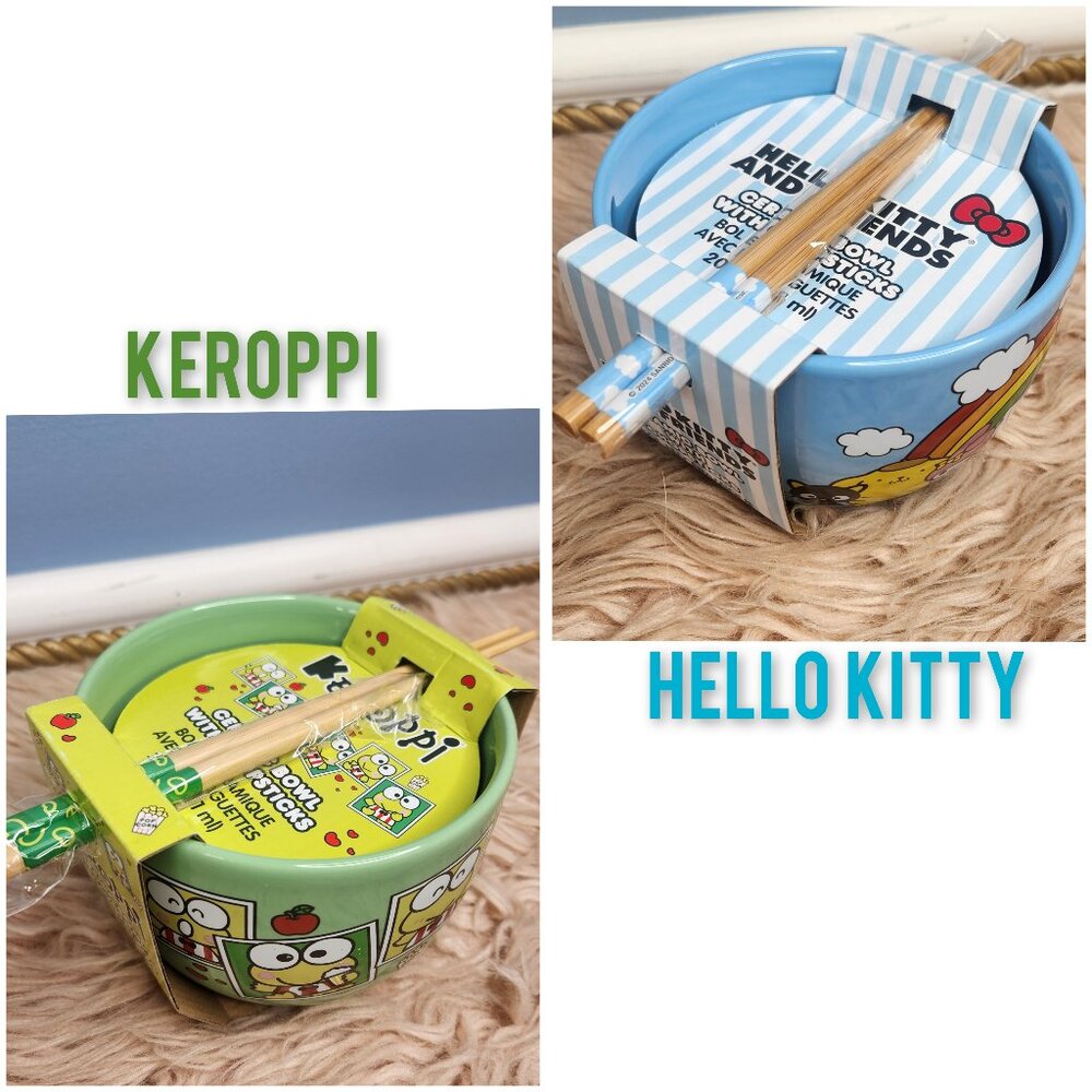 NWT SANRIO HELLO KITTY & KEROPPI RAMEN NOODLE BOWL & CHOPSTICK SET-VARIETY